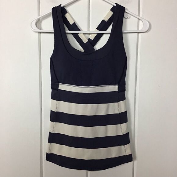 Lululemon Tank Navy & Cream Striped "Stuff Your Bra" Athleisure Tank, Size - 4 - Picture 2 of 8